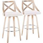 Charlotte 30" Swivel Bar Stool in White Washed Wood, Cream Fabric & Chrome (Set of 2)